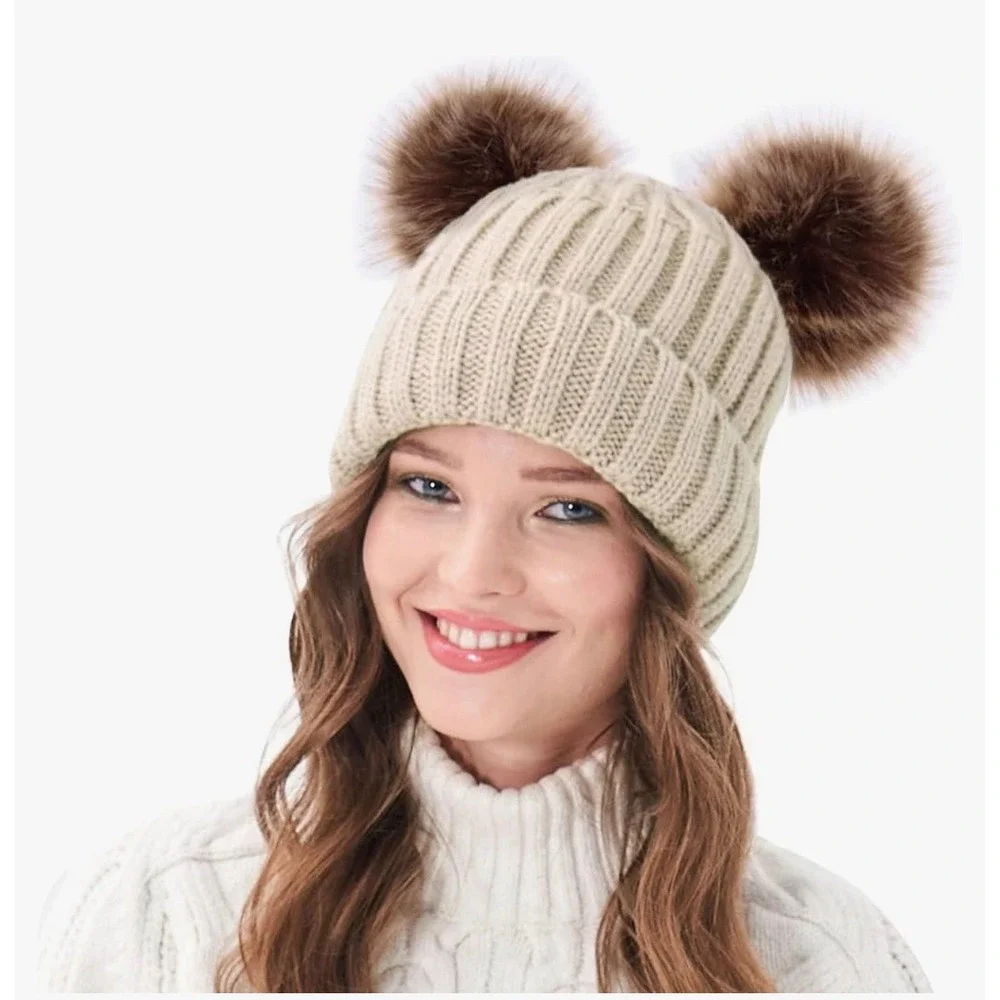 Arctic Paw Women Beige Double Pom Pom Beanie Fleece Lined Ribbed Knit Winter Hat